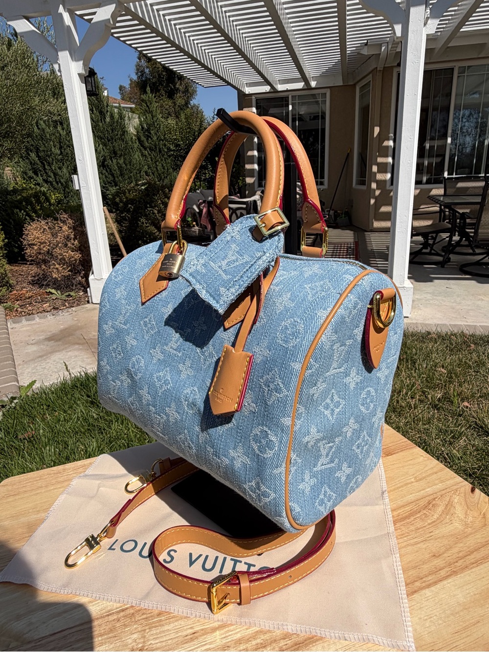 NEW LV Print Speedy Denim Monogram Satchel HandBag Blue Tan & Gold Lock Key - Picture 6 of 16